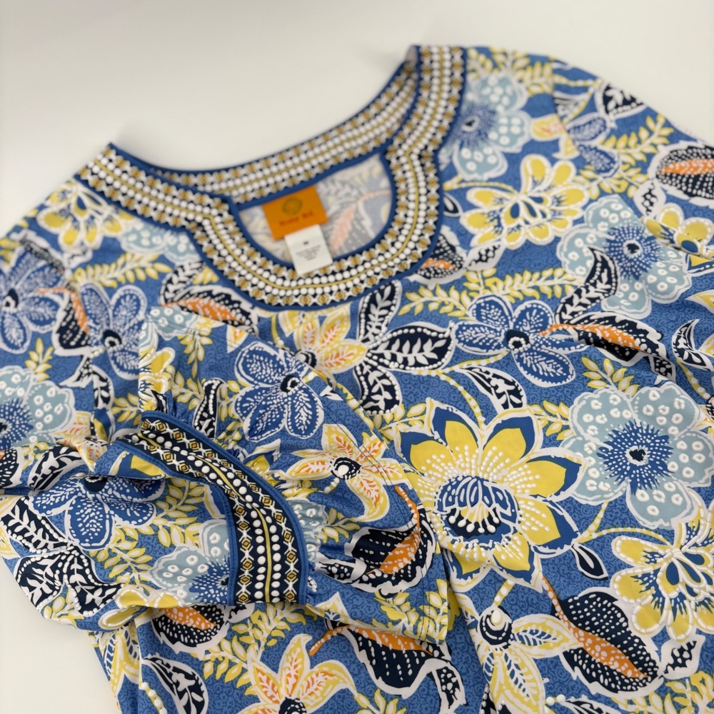 Ruby Rd Bella Vista Floral Top Sz M Blue Ruffle Bell Sleeve Stretch Liquid Knit